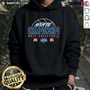 Official 2025 OHSAA Boys Volleyball State Championships hoodie featuring team logos and vibrant colors for fans.