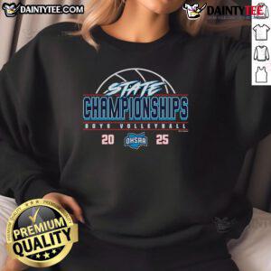 2025 OHSAA Boys Volleyball State Championships sweatshirt featuring official logo and vibrant team colors.
