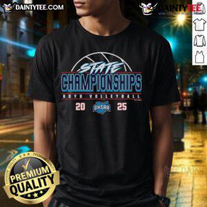 Alt Text: Official 2025 OHSAA Boys Volleyball State Championships T-Shirt featuring event logo and vibrant design.