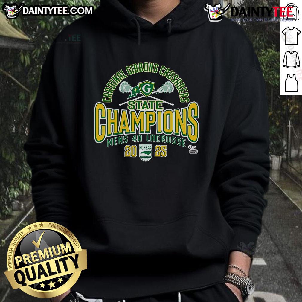 Official Cardinal Gibbons Crusaders 2025 NCHSAA Women's 4A Lacrosse State Champions Hoodie in vibrant colors.