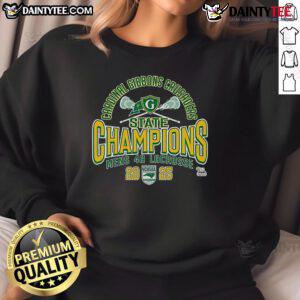 Official Cardinal Gibbons Crusaders 2025 NCHSAA Women's 4A Lacrosse State Champions sweatshirt in maroon and gold.
