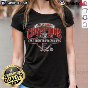 Alt Text: Official East Rutherford Cavaliers 2025 NCHSAA 2A Baseball Champions Ladies Tee, celebrating team victory in stylish apparel.