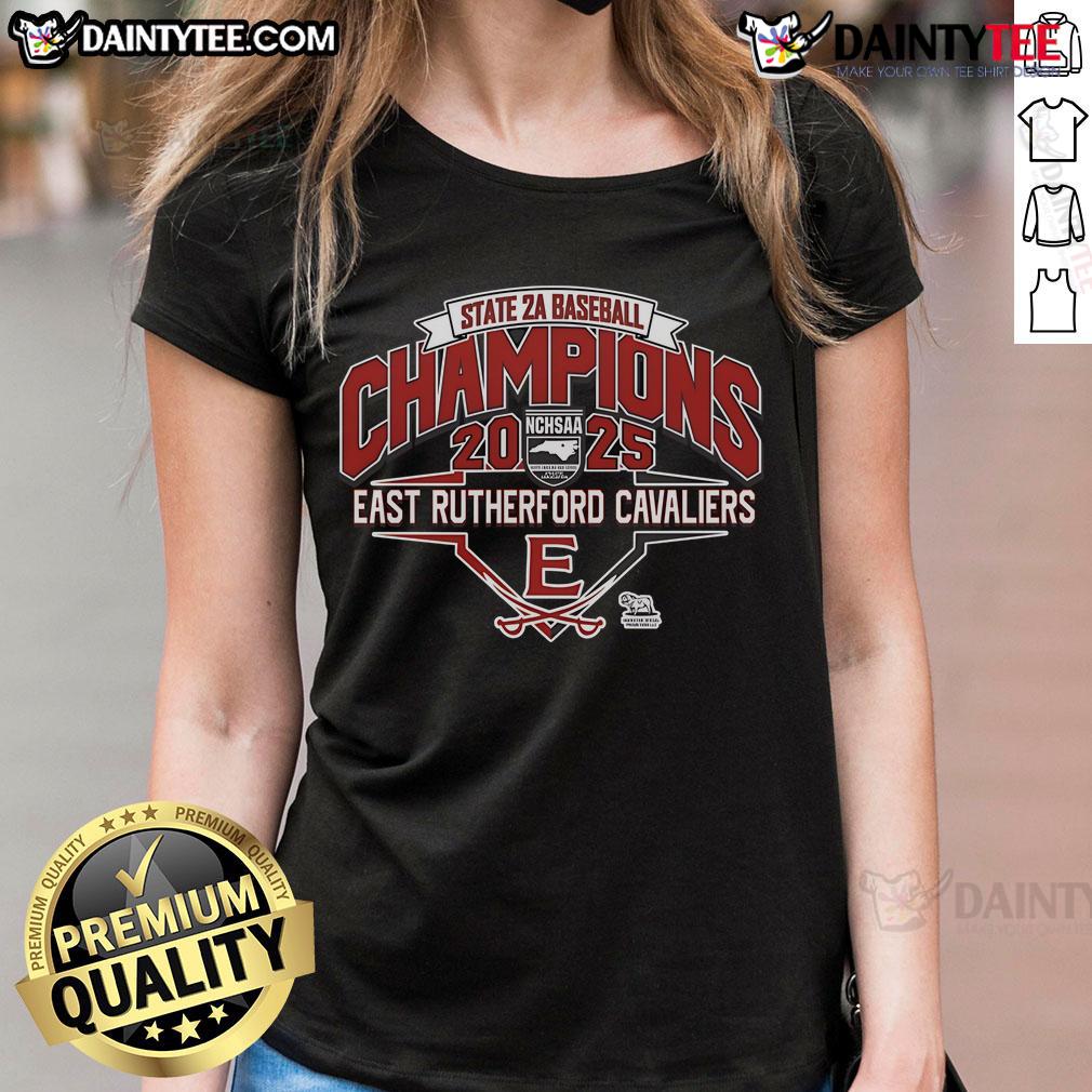 Alt Text: Official East Rutherford Cavaliers 2025 NCHSAA 2A Baseball Champions Ladies Tee, celebrating team victory in stylish apparel.