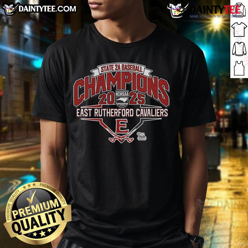 Alt Text: Official East Rutherford Cavaliers 2025 NCHSAA 2A Baseball Champions T-Shirt in team colors with logo design.