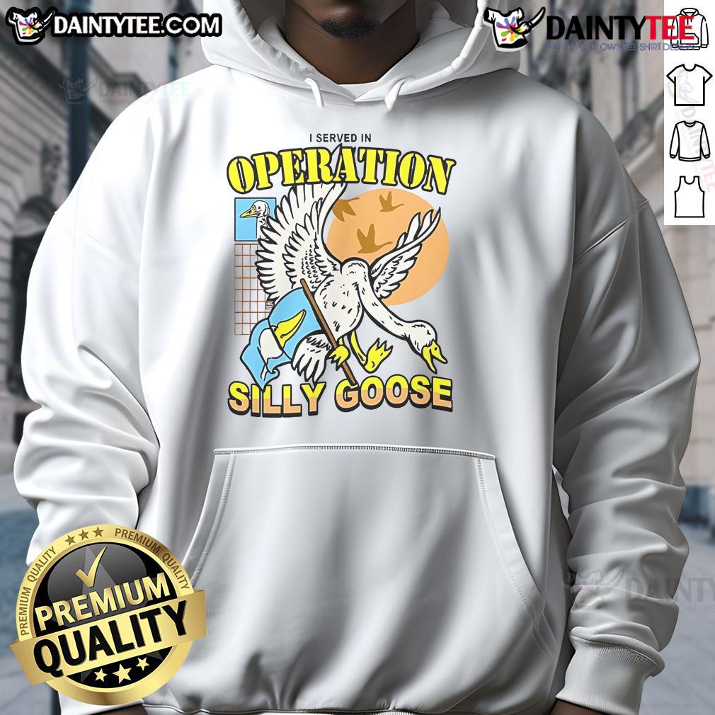 Official I Served In Operation Silly Goose Hoodie in navy blue, featuring bold graphic print and comfortable fit.