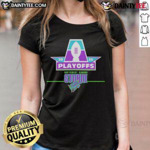 Official SW Kansas Storm Playoffs 2025 ladies tee featuring team logo and vibrant design for fans.
