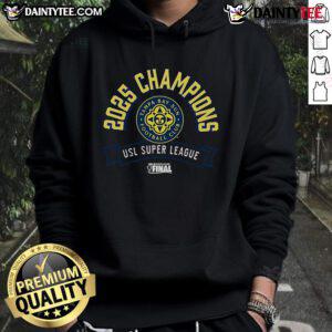 Alt Text: Official Tampa Bay Sun FC 2025 USL Super League Champions Hoodie showcasing team logo and vibrant colors.