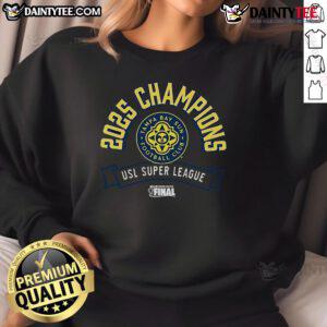 Alt Text: Official Tampa Bay Sun FC 2025 USL Super League Champions sweatshirt showcasing team logo and vibrant colors.