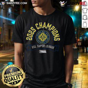 Official Tampa Bay Sun FC 2025 USL Super League Champions T-Shirt featuring team logo and vibrant design.