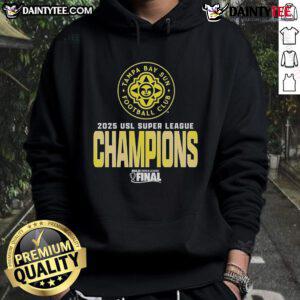 Alt Text: Official Tampa Bay Sun FC USL Super League 2025 Champions logo hoodie featuring team colors and emblem design.