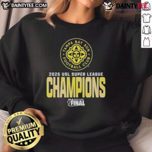 Official Tampa Bay Sun FC USL Super League 2025 Champions logo sweatshirt featuring vibrant team colors and design.