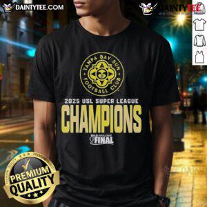 Official Tampa Bay Sun FC USL Super League 2025 Champions logo T-shirt featuring vibrant design and team colors.