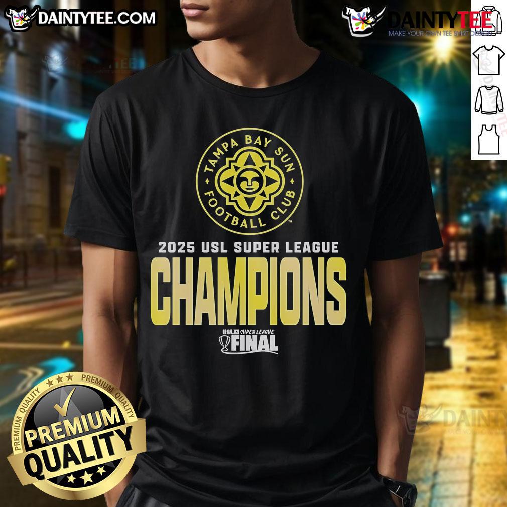 Official Tampa Bay Sun FC USL Super League 2025 Champions logo T-shirt featuring vibrant design and team colors.