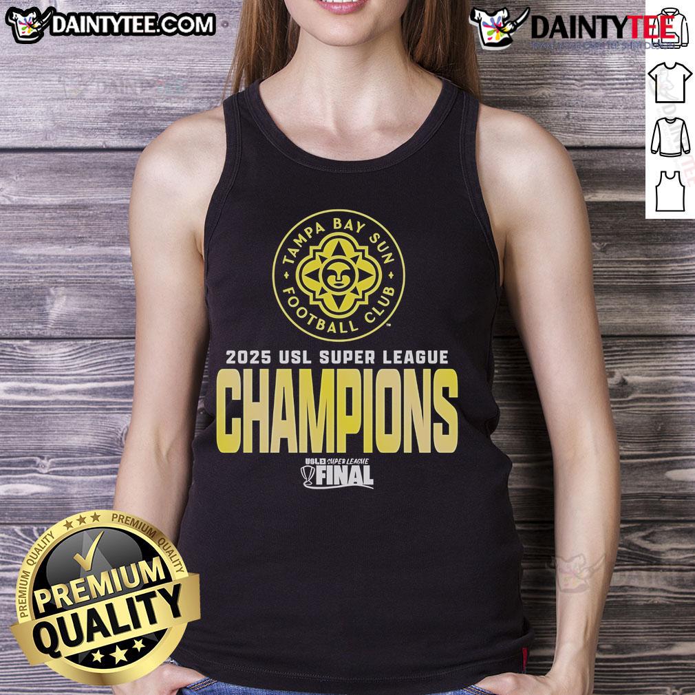 Official Tampa Bay Sun FC USL Super League 2025 Champions Logo on a stylish tank top for fans and supporters.