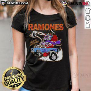 Premium Ramones Hey Ho Vamonos cartoon ladies tee featuring vibrant graphics and a stylish fit for fans of the iconic band.