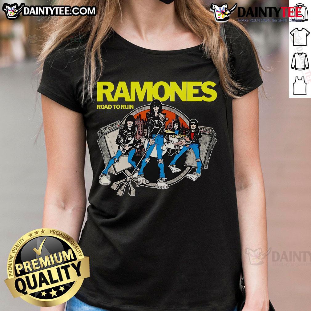 Alt Text: Premium Ramones Road to Ruin cartoon ladies tee featuring vibrant graphics and a stylish fit for fans.