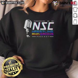 Cozy sweatshirt featuring the 'Top NSC Wrestling and Gaming Podcast' logo, perfect for fans and gamers alike.