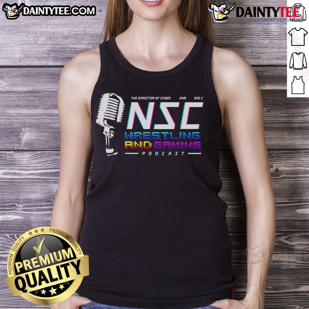 Alt Text: Top NSC Wrestling and Gaming Podcast tank top featuring bold logo and vibrant colors, perfect for fans of wrestling.