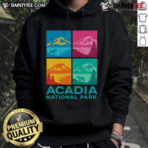 Colorful Warhol-style hoodie featuring Acadia National Park design, perfect for nature lovers and art enthusiasts.