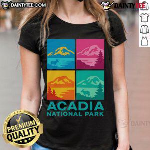 Awesome Acadia National Park Warhol style ladies tee featuring vibrant colors and iconic park imagery for nature lovers.