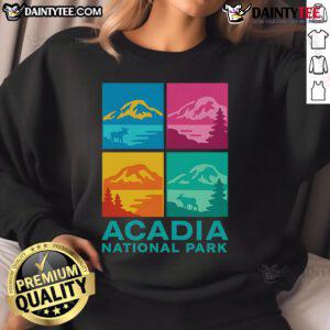Colorful Warhol-style sweatshirt featuring Acadia National Park design, perfect for nature lovers and art enthusiasts.