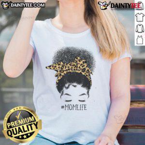Awesome Afro Mom in a messy bun wearing a leopard print tee celebrating Mother's Day, perfect for stylish black moms.