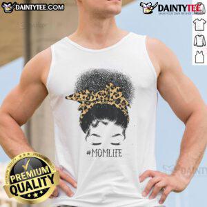 Black mom wearing an 'Awesome Afro Mom Life' tank top with messy bun and leopard print, perfect for Mother's Day.