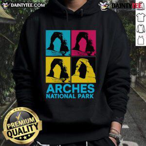 Awesome Arches National Park Warhol Style Hoodie featuring vibrant colors and iconic park landscape design.