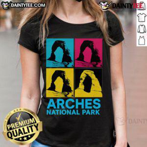 Awesome Arches National Park Warhol Style Ladies Tee featuring vibrant colors and iconic arches design.