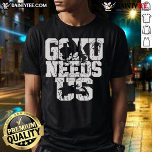 Awesome Goku Needs Us vintage Dragon Ball Z inspired anime T-shirt featuring Goku in a dynamic pose with vibrant colors.