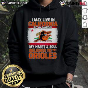 Person wearing an Orioles hoodie, showcasing team spirit on game day while living in California.