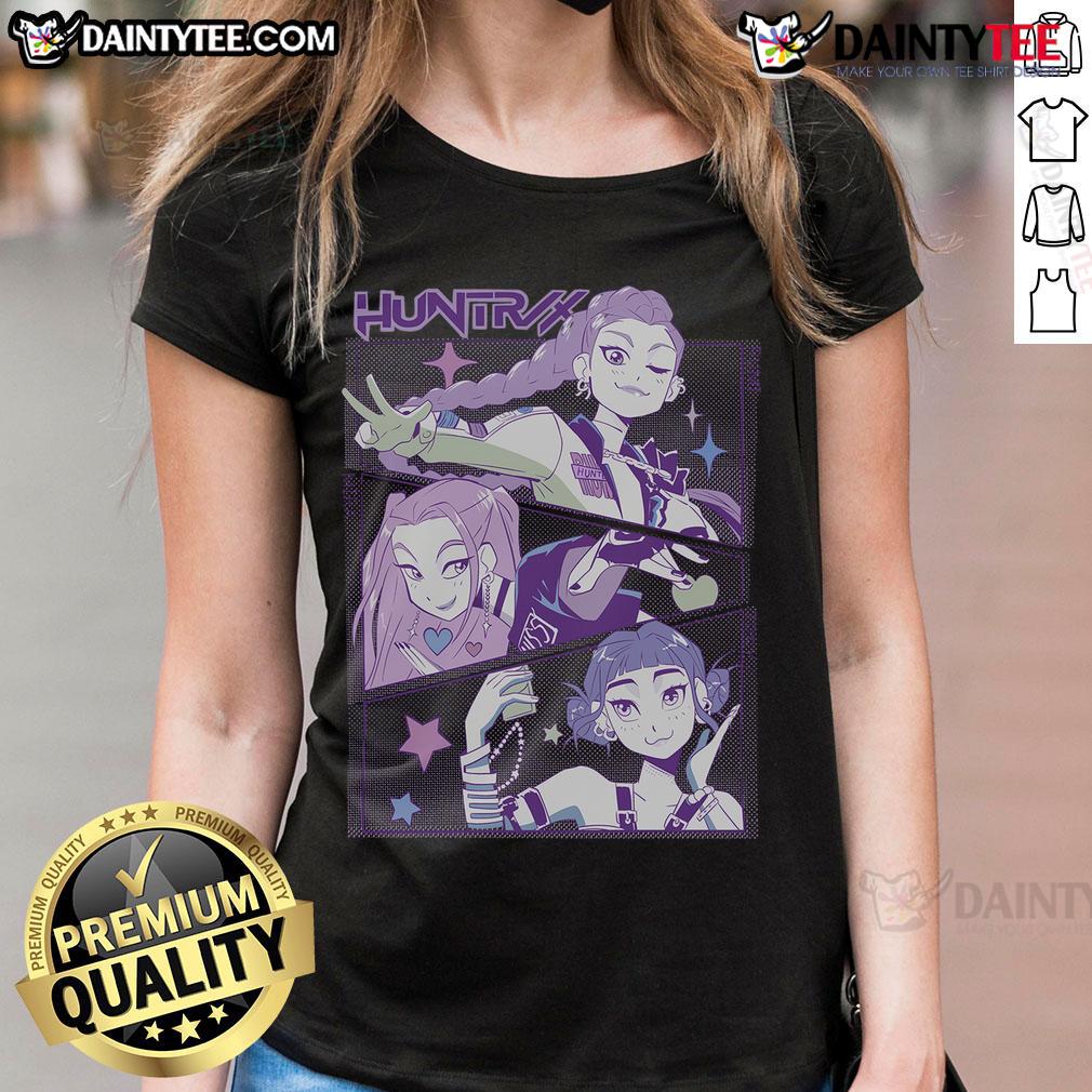Awesome K-Pop Demon Hunters Huntrix Ladies Tee featuring vibrant graphics and stylish design for fans of K-Pop culture.