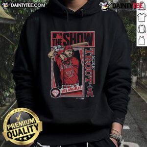 Alt Text: Awesome MLB The Show Angels Mike Trout hoodie featuring vibrant team colors and player graphics for fans.