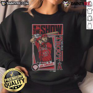Alt Text: Awesome MLB The Show Angels Mike Trout sweatshirt featuring vibrant team colors and player graphics.