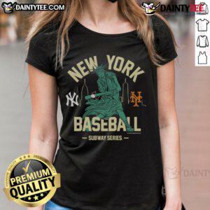 Alt Text: Awesome Mitchell & Ness Black New York Yankees vs New York Mets Subway Series Swinging Liberty Ladies Tee