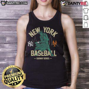 Alt Text: Awesome Mitchell & Ness Black New York Yankees vs. New York Mets Subway Series Swinging Liberty Tank Top