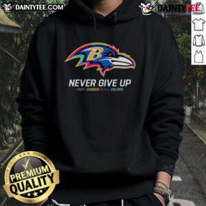 Colorful Baltimore Ravens hoodie featuring 'Awesome Never Give Up Fight Cancer' message for awareness and support.