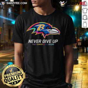 Awesome Never Give Up Fight Cancer Baltimore Ravens T-Shirt in vibrant colors, promoting cancer awareness and support.