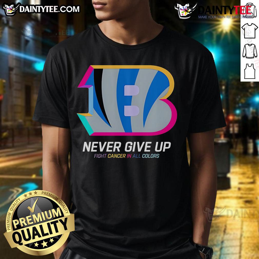 Awesome Never Give Up Fight Cancer T-Shirt in Cincinnati Bengals colors, symbolizing hope and support for cancer awareness.