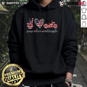 Awesome Peace Love Motorcycle hoodie featuring the American flag design, perfect for riders and patriotic enthusiasts.