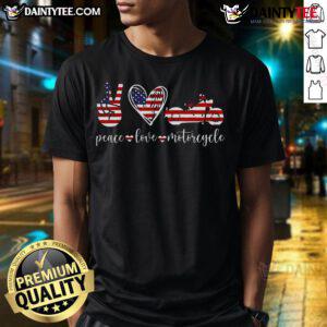 Alt Text: Awesome Peace Love Motorcycle America Flag T-Shirt featuring a vibrant design of a motorcycle and the American flag.