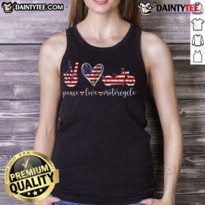 Awesome Peace Love Motorcycle America Flag Tank Top featuring a vibrant design for motorcycle enthusiasts.