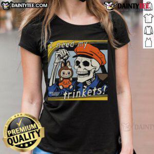 Awesome skeleton holding Labubu on a ladies tee, perfect for trendy Halloween or casual wear.