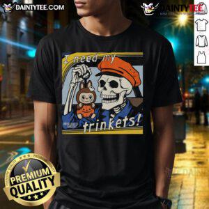 Alt Text: Awesome skeleton wearing a Labubu I Need My Trinkets t-shirt, showcasing a fun and quirky design for Halloween.
