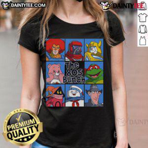 Awesome The 80s Bunch Cartoon Ladies Tee featuring colorful retro designs of iconic female characters from the 1980s.