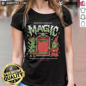 Awesome World of Magic trading card tee for ladies featuring vibrant Magic: The Gathering designs and graphics.