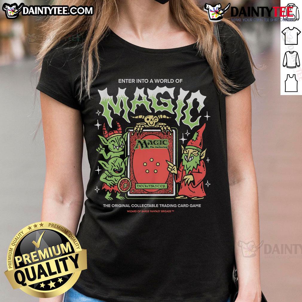 Awesome World of Magic trading card tee for ladies featuring vibrant Magic: The Gathering designs and graphics.