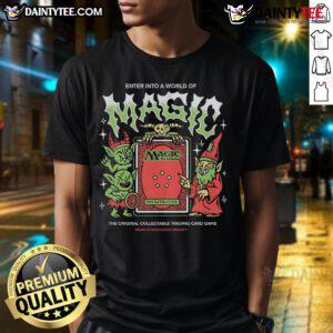 Awesome World Of Magic T-Shirt featuring Magic The Gathering trading cards design, perfect for fans and collectors.