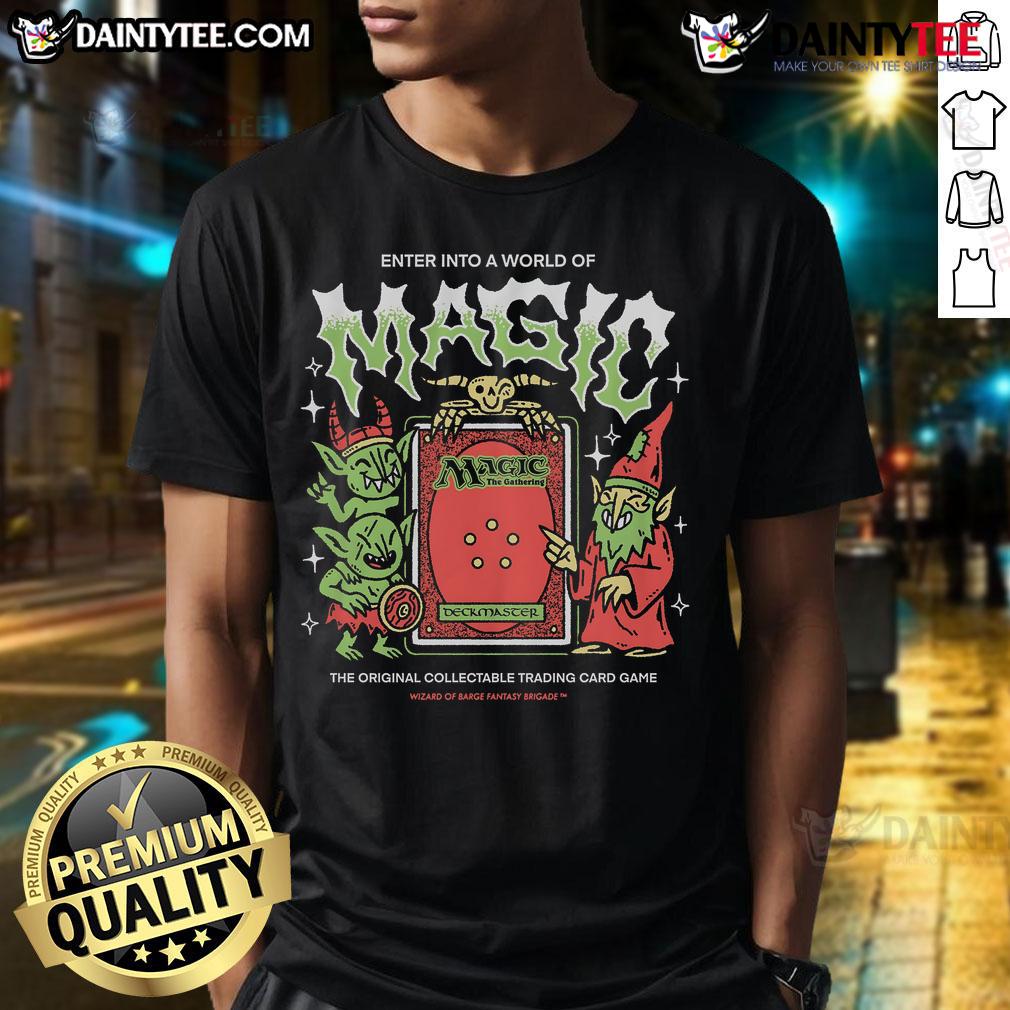 Awesome World Of Magic T-Shirt featuring Magic The Gathering trading cards design, perfect for fans and collectors.