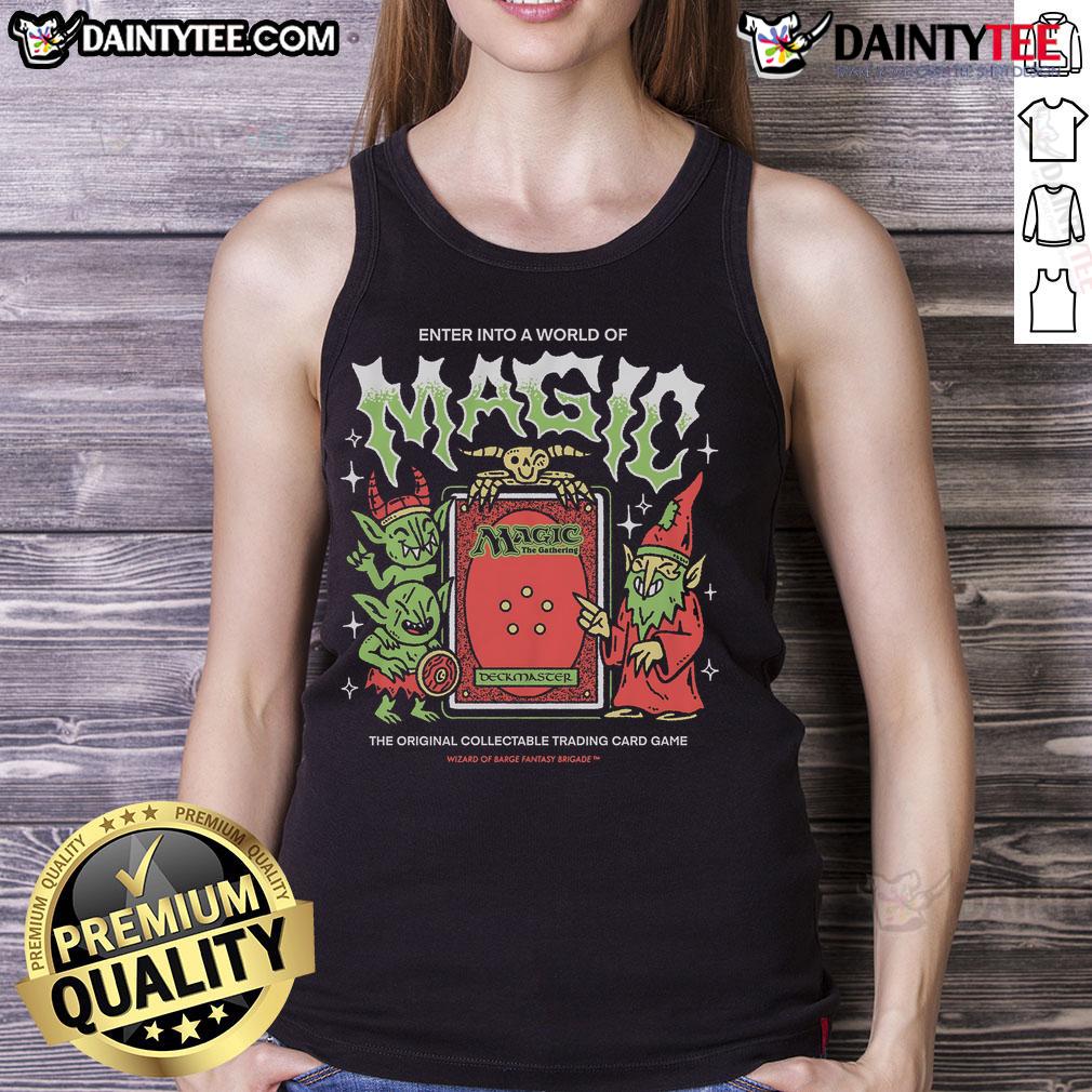 Alt Text: Awesome World of Magic trading card tank top featuring vibrant Magic: The Gathering graphics for fans and collectors.